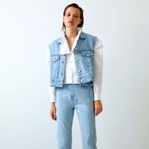 Zara Blue Denim Oversized Washed & Distress Buttoned Vest